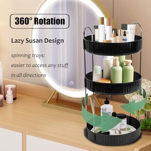 Rotating Makeup Organizer 3-Tier Lazy Susan - Countertop Vanity Storage for Hair, Skincare & Perfume, Black