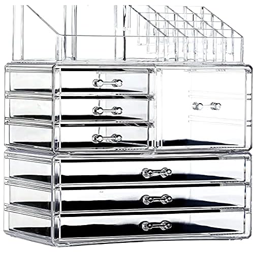 Cq acrylic 3 Pack Clear Make Up Organizers for Vanity,Stackable 7 Drawers Make Up Organizer,Cute Desk Organizer for Vanity Jewelry,Hair Clip,Beauty,Skincare Product Dresser Acrylic Drawer Organizer