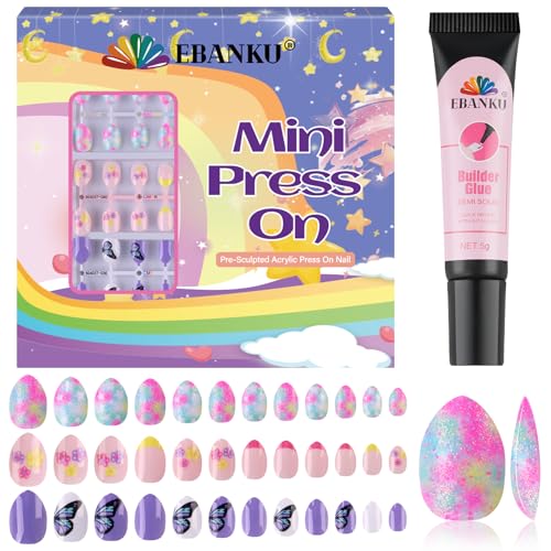 EBANKU 72pc Press On Nails for Kids | Butterfly Flower Design