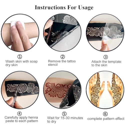 Reusable Henna Tattoo Stencils Kit, 9 Sheets Mehendi Template