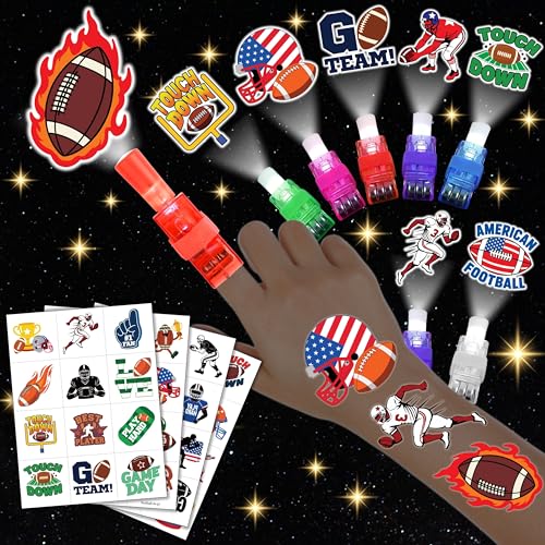 72 PCS Football Party Favors ? 48 PCS Luminous Tattoos & 24 PCS LED Finger Lights Combo ? Birthday Goodie Bag Fillers, Party Supplies, Gifts Light Up Toys Glow In The Dark for Boys and Girls