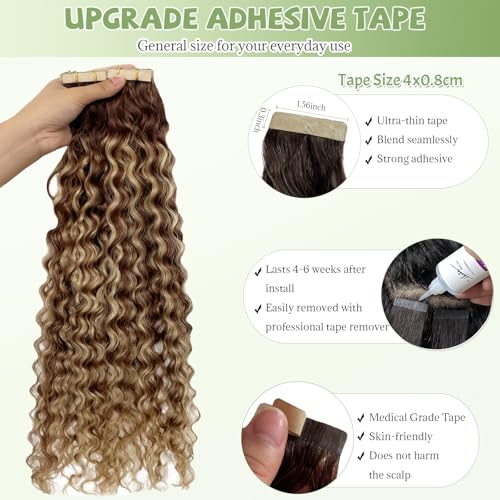 Water Wave Tape in Hair Extensions Strawberry Blonde Ombre Remy Thick Tape ins Human Hair Extensions Seamless Invisible Double Sided Skin Weft Curly Wavy Tape ins 22in 50Grams Add Volume