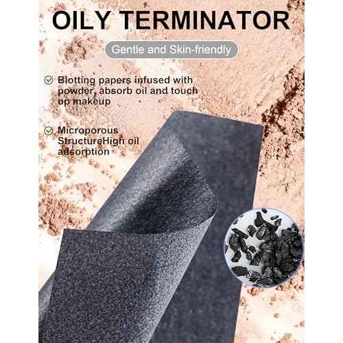 Oil Blotting Paper with Powder - 300 Sheets with Mirror, Puff & Refills, Absorbs Excess Face Oil, Controls Shine, Gentle for Makeup Use