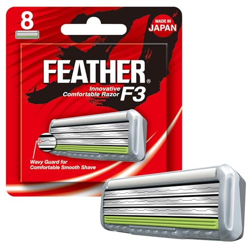 Feather - F3 Razor Blades Refills - Wavy Guard with SiC Ceramic Technology for Smooth Shave - Reduces Irritation and Razor Burns - Innovative Comfortable Blades for Sensitive Skin - 8 Pack