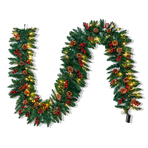 Joiedomi 9Ft Artificial Christmas Garland Prelit with 100 LED Lights, 27 Pine Cones, 27 Red Berries for Home & Office Christmas Decorations (Battery Powered, Batteries not Included)