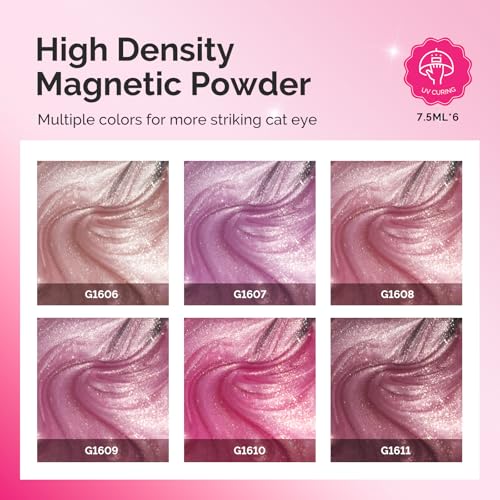 Pink Gem Cat Eye Gel Nail Polish Set - 6 Colors with Magnet, UV Long-Lasting Manicure