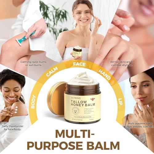Beef Tallow and Honey Balm for Skin, Natural Face + Body Moisturizer with Organic Grass-Fed Beef Tallow & Raw Wild Honey for Dry & Sensitive Skin, 4.23oz