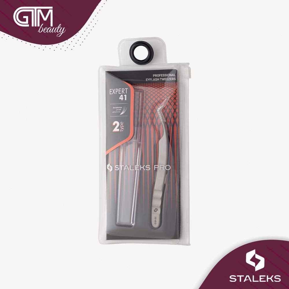 STALEKS PRO Expert 41 Type 2 Professional Eyelash Tweezers (L-Shaped 40°) – Stainless Steel for 2D-8D Volume Lash Extensions & Enhanced Visibility