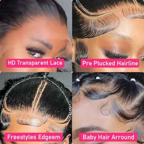 Deep Wave Lace Front Wigs Human Hair 13x4 HD Transparent Lace Frontal Glueless Wigs for Women, Natural Black, 16 inch