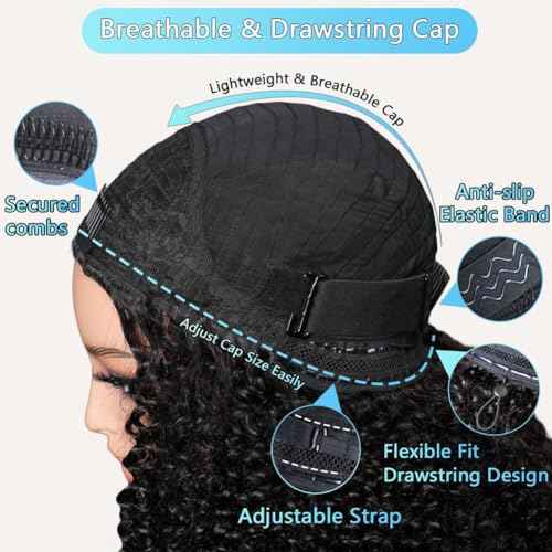 Ice Pear Half Wig Human Hair 200 Density Kinky Curly Half Wig 3 In 1 Seamless Flip Over Glueless Wigs Human Hair with Drawstring Beginner Friendly Curly Wig Headband Wig for Women Daily Wear 22 Inch