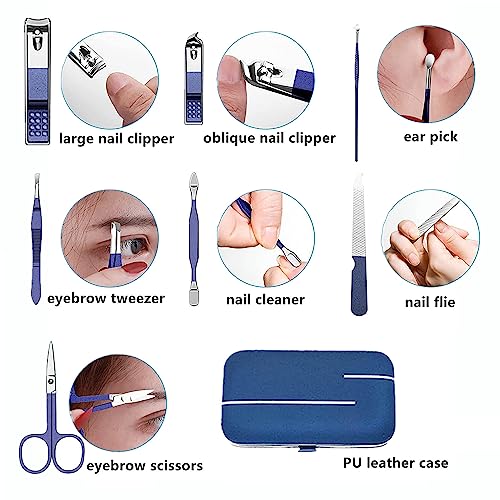 Manicure Set Men Women Nail Clipper Set Nail Clippers Kit Personal Care Tools with Portable Case Pedicure Tools Men Grooming Kit for Father Family Boy Men Women(Blue)