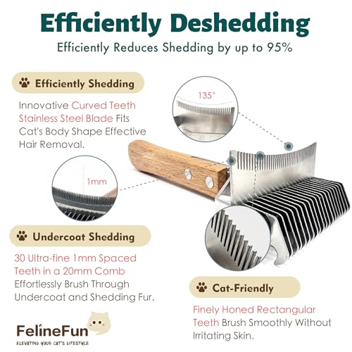 FelineFun Cat Grooming Brush for Dematting & Shedding - 2-in-1 Undercoat Rake for Long & Indoor Cats