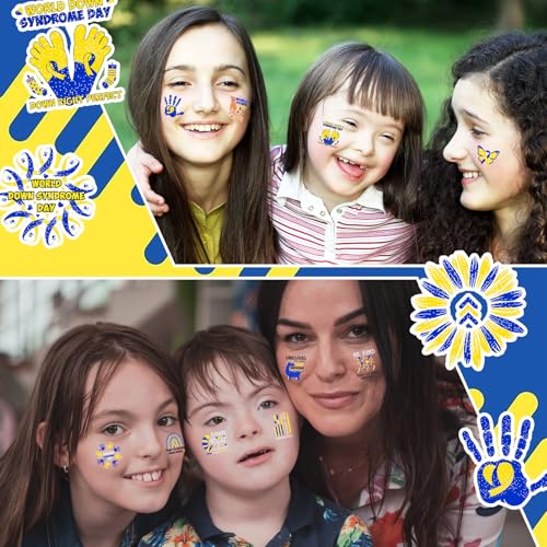 Landhoow 240 Pcs Down Syndrome Awareness Tattoos Temporary Glitter Blue Yellow Ribbon Stickers Boys Girls Tattoos Body Stickers for Prevention of Down Syndrome Favor Charity Campaign Supplies