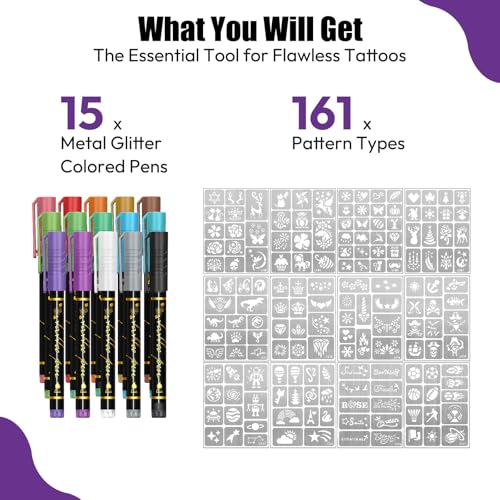 Joyeee 15-Color Temporary Tattoo Markers with 162 Stencils