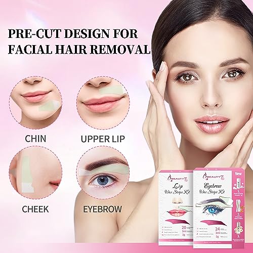 Beauty7 Wax Strips Kit, 2 SETS IN ONE PACKAGE. Eyebrow & Lip Facial Hair Removal with Pearl Powder Essential Oil for All Skin Types Women