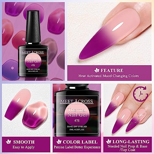 MEET ACROSS Jelly Pink Color Changing Gel Nail Polish Translucent Nude Pink Mood Temperature Change Gel Polish Set White Pink Red Purple Amber Gold Foil Transparent Crystal Gel Nail Polish