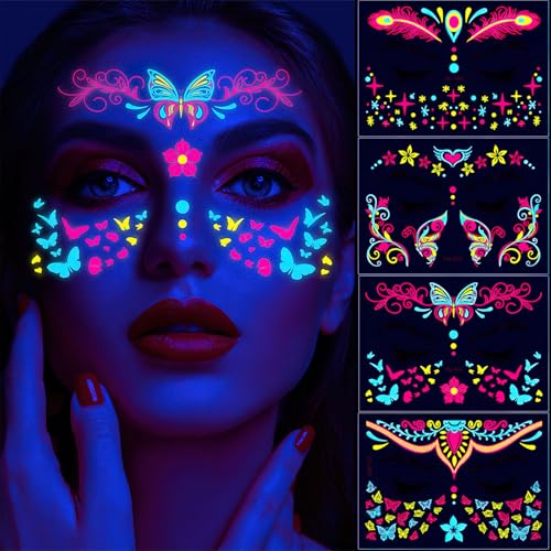 Glow in the Dark Face Tattoo Stickers - 8 Fluorescent Designs