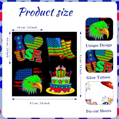 HOWAF 96pcs Glow in The Dark 4th of July Temporary Tattoos for Independence Day USA Patriotic Party Decorations, American Themed Luminous Face Tattoos for July 4th Party Favors Goodie Bag Fillers