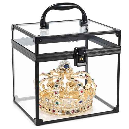 Costravio Clear Makeup Case Crown Box Toiletry Organizer Case Transparent Train Case with Latches Travel Artists Display Case for Vanity Bathroom Counter Dresser Craft Toys Case Makeup Tools Box