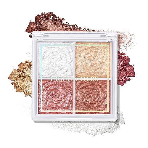 Boobeen Blush and Highlighter Palette- 4-color Metallic Shimmer Shadow Powder, Illuminator Makeup Set for Shading, Highlighting & Defining the Face