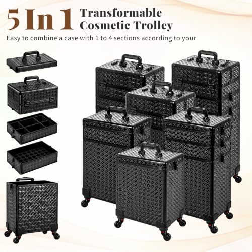 Arous 5-in-1 Black Rolling Makeup Train Case with Detachable Compartments