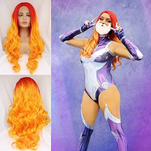 24" Bright Red Orange Ombre Color Wig Heat Resistant Synthetic Lace Front Wigs for Women Flame Red Female Cosplay Party Wigs Drag Queen