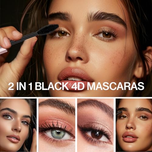 2 in 1 Double-effect 4D Curling Black Mascaras,Waterproof & Smudge Proof Lash Extensions Stereo Lengthening Mascara For Women,Quick-Not Sticky Long Lasting Charming No Clumping(2Pcs) A