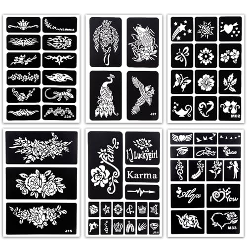 MCPINKY Henna Tattoo Stencil Kit - 283 Sheet Arabian Realistic Temporary Glitter Semi-Permanent Tattoos for Women & Girls
