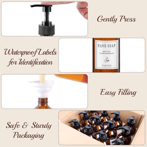 8oz Amber Glass Pump Bottles 12-Pack with Labels & Funnels