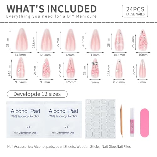 Mivota Almond Press-On Nails Set - Pink Cherry 3D Design, 24pcs
