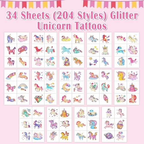 Partywind 204 Glitter Temporary Tattoos for Kids, 34 Sheets