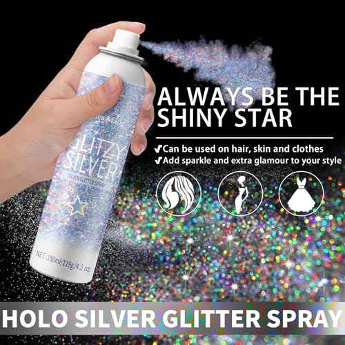 Hair Glitter Body Glitter Spray, 150ML Glitter Hairspray Holographic Silver Glitter Spray for Hair and Body, Hair Glitter for Kids Women, Body Shimmer Festival Makeup 4.2 Fl Oz