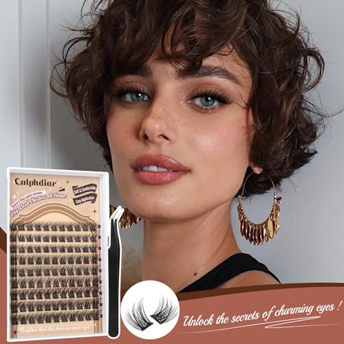 Calphdiar Self Adhesive Eyelashes Reusable Lash Clusters Kit Natural Self Adhesive Lashes No Glue Eyelash Clusters C-curly Press on Lash Clusters 10-14MM DIY Cluster Eyelash Extensions