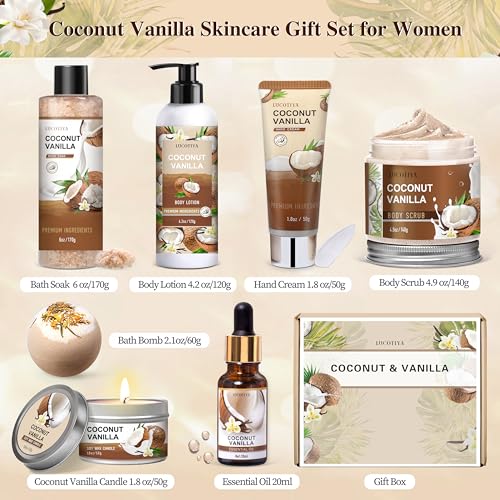 Coconut Vanilla Spa Gift Basket Set for Women - 8 Piece