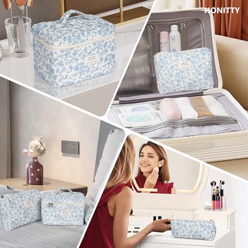 Quilted Floral Makeup Bag Set - 3 Piece Cotton Travel Cosmetic Organizer
