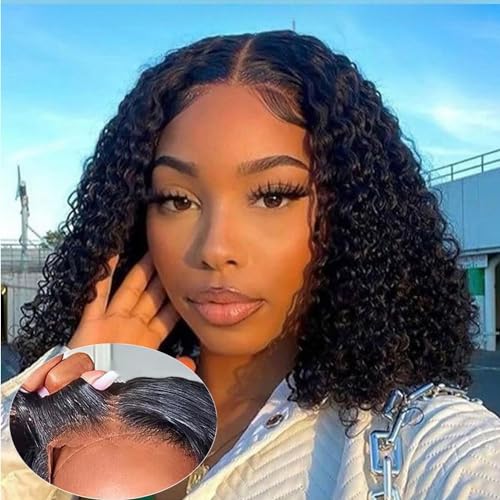 ONICE Glueless Wigs Human Hair Pre Plucked 5x5 HD Lace Closure Human Hair Wigs For Black Women 5x5 Curly Human Hair Wig Glueless Wear And Go Deep Wave Wig (Natural Black,10Inch)