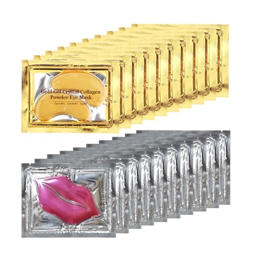40 Pairs 24K Gold Eye Masks & Lip Masks, Crystal Collagen Under Eye Patches for Puffy Eye, Moisturizing Skin Care Lip Eyes Patches for Dark Circles, Wrinkles and Fine Lines (gold and pink)