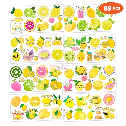 Lemon Temporary Tattoos 89 PCS Yellow Lemonade Citrus Party Decorations Favors Supplies Lime Soda Fruit Theme Birthday Cute Tattoo Stickers Christmas Gifts for Boys Girls Kids School Prizes Carnival