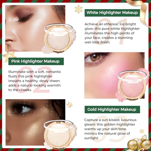 YOUNG VISION Pressed Powder Highlighter, Baked Natural Glow Contour Powder & Face Highlighter, Cruelty Free, Shimmer Highlighting Makeup for Face, Eye, Eyeshadow, Body, Skin, Xmas Gift (White)