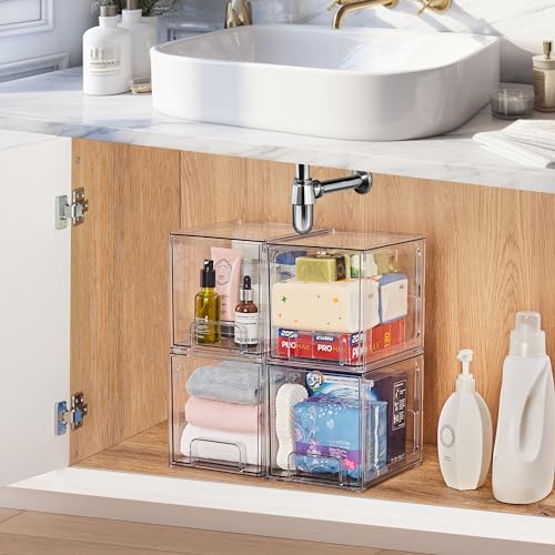 SMARTAKE 4 Pack Stackable Makeup Organizer Drawers, Acrylic Bathroom Organizers, 6.6'' Tall Clear Plastic Storage Drawers for Vanity, Undersink, Kitchen Cabinets, Skincare, Pantry Organization