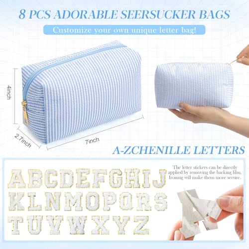 Light Blue Seersucker Cosmetic Bags 8 Pack with A-Z Chenille Letter Patches - Travel & Makeup Organizer