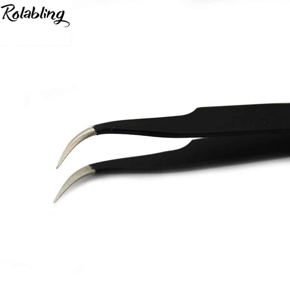 Rolabling 2pcs Elbow & Straight Black Nail Tweezers Rhinestone Picker Manicure Nail Art Tool (Set-1)
