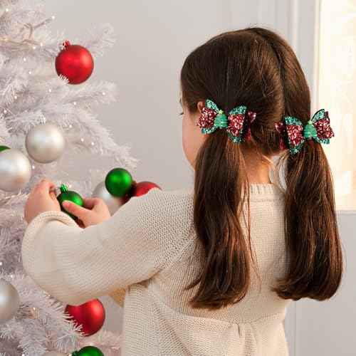 Christmas Glitter Hair Bow Clips Cute Christmas Tree Hairpins Sparkly Girls Hair Accessories for Xmas Party, Red&Green