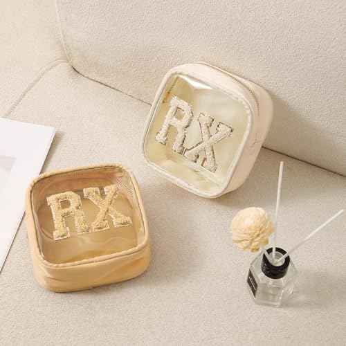 Small Chenille Letter Clear Medicine Makeup Bags,Nylon PVC Waterproof Rx Pouch with Metal Zipper, Cute Drug First Aid Travel Organizer for Women Girls(06Beige)