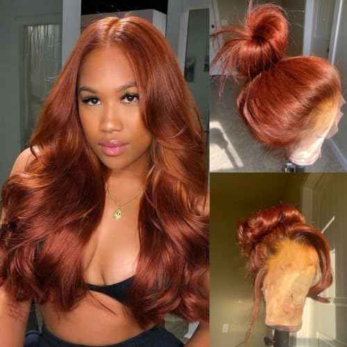 180% Density Reddish Brown 13x6 Lace Front Wigs Human Hair Pre Plucked 13x6 HD Transparent Body Wave Lace Front Wigs For Women Ginger #33 Colored Brazilian Virgin Hair Glueless Wigs Human Hair 24Inch