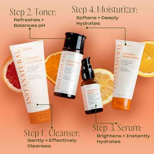InstaNatural Vitamin C Four Step Skin Care Set with Face Wash, Toner, Serum & Moisturizer | All Natural Brightening & Hydrating Routine with Botanical Extracts ? 1.68 Fl Oz (Pack of 4)