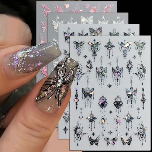 8pcs Metallic Silver Butterfly Nail Stickers 3D Laser Black Butterfly Nail Decals Aurora Butterfly Nail Art Stickers Pink Butterfly Stickers for Nails DIY Butterflies Nail Sticker Women Nail Supplies