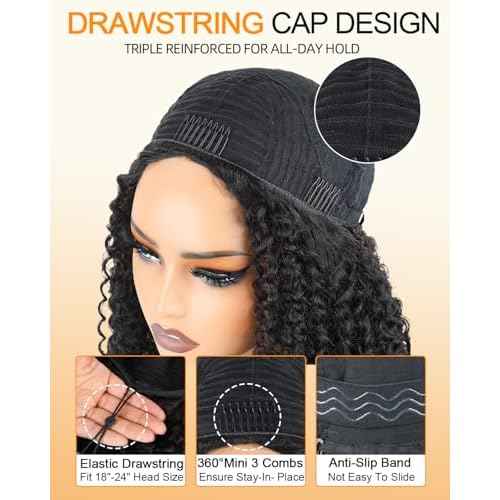 Kinky Curly Half Wig Human Hair 200% Density Wear And Go Glueless Wigs Human Hair Flexi-Fit Afro Curly 3 In 1 Half Wigs for Black Women Drawstring Seamless Flip Headband Wig 20 Inch