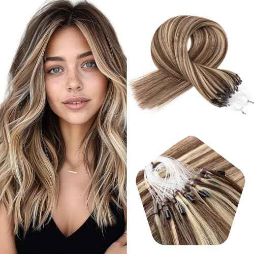 Microlink Hair Extensions Brown to Blonde Human Extensions Hair With Beads 24inch Long Hair Micro Loop Human Hair Extensions 1g/Strand,50g,Highlight Color #4/613