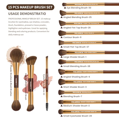 MAANGE 15 PCS Makeup Brushes Double-ended Makeup Brush Set Double Sided Angled/Round Top Brush Foundation Contour Blending Eyebrow Eyeshadow Concealer (Coffee Gold)